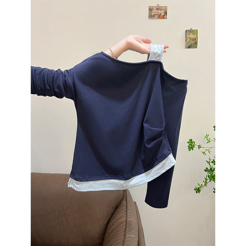 Asymmetrical Design Two-Piece Spliced Shoulder-Baring Long Sleeve T-Shirt for Women, Slim Fit Top