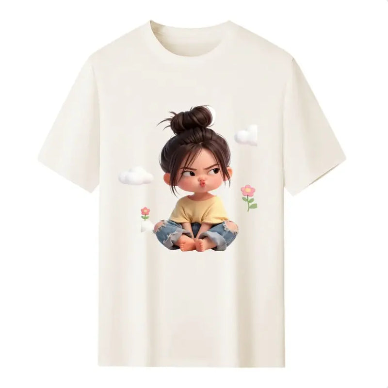 Women'S Premium Cotton Cartoon Girl & Clouds Graphic T-Shirt - Short Sleeve Crewneck, Fitted, Elastic, Comfortable, Blush Pink Aesthetic, Lady Casual Girly Tops, Valentine'S Day Colorful Cartoon Style Beach Tee Sohochic
