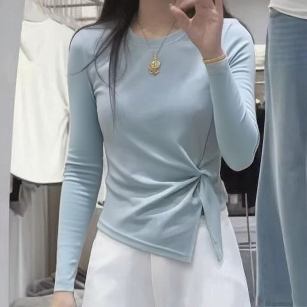Chic Round Neck Irregular Long Sleeve T-Shirt for Women, Fitted with Pleated Design, Unique Inner Wear Top