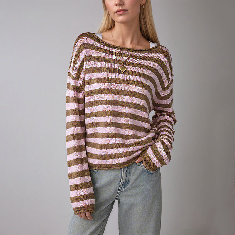Solid color striped pullover sweater