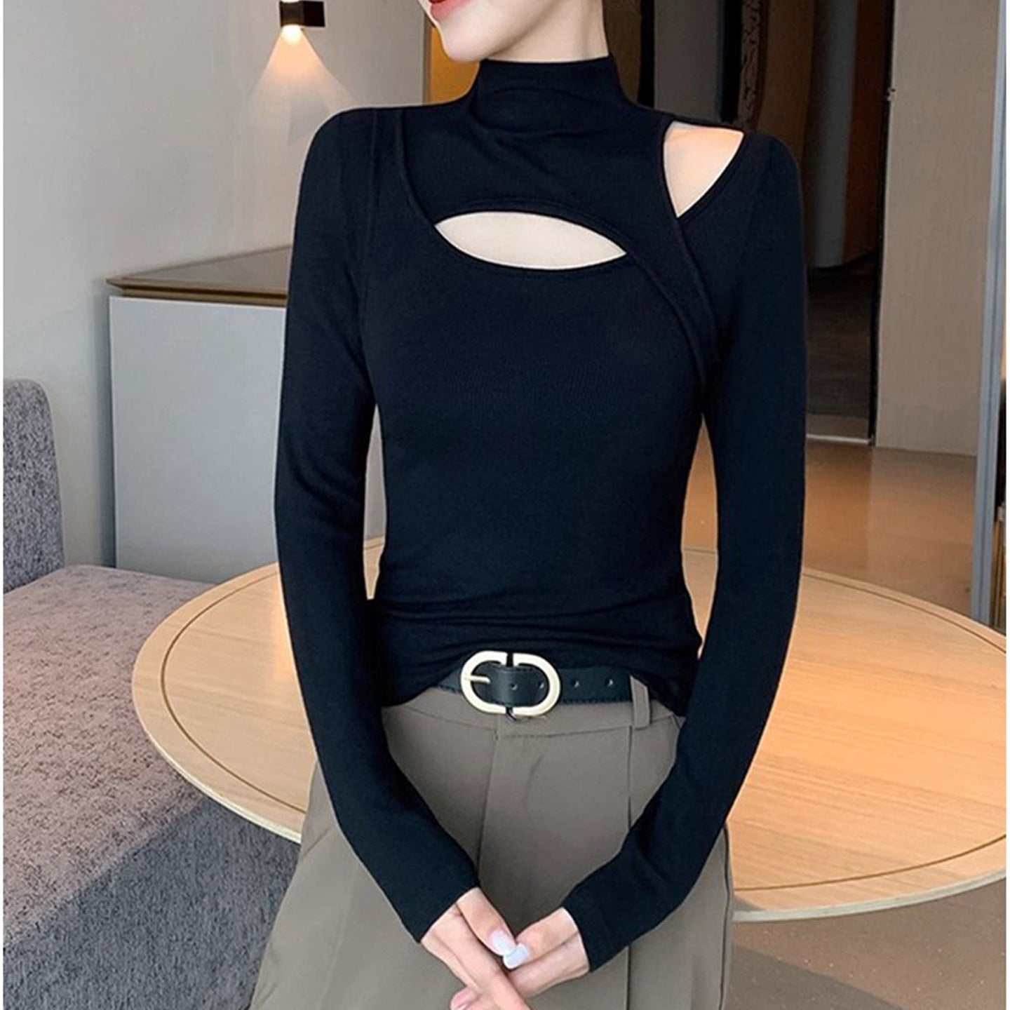 Semi-High Neck Black Base Layer Women's Ribbed Thermal Knit Top, Hollow-Out Sexy Fitted Innerwear for Spring and Autumn