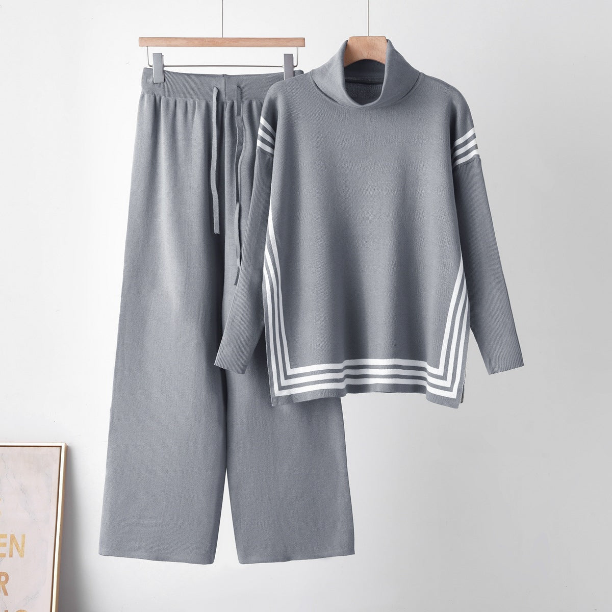 Knit High Neck Set New Stripe Split Slim Fit Elegant Knit Two-Piece Set for Women