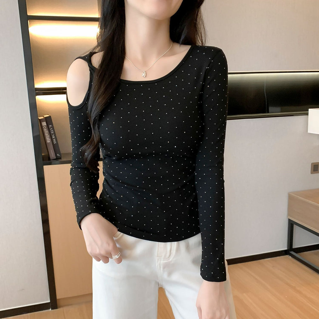 Rhinestone Shoulder-Baring Long Sleeve T-Shirt for Women, Fitted Slim Fit, Stylish Inner Layer Top