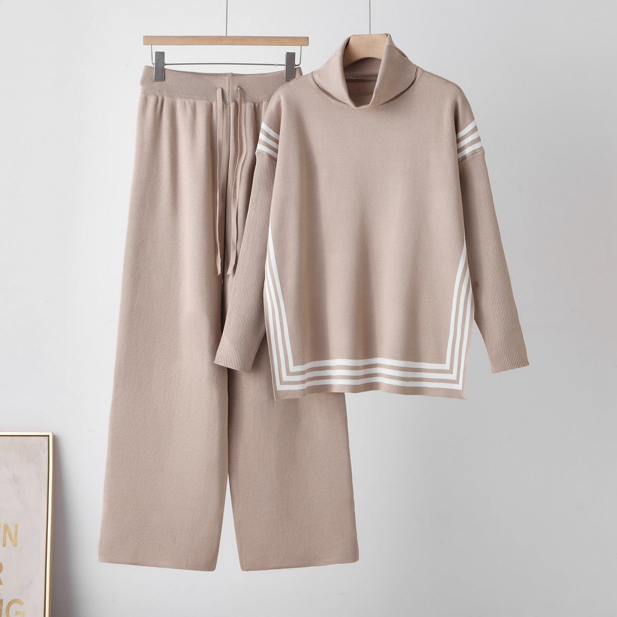 Knit High Neck Set New Stripe Split Slim Fit Elegant Knit Two-Piece Set for Women