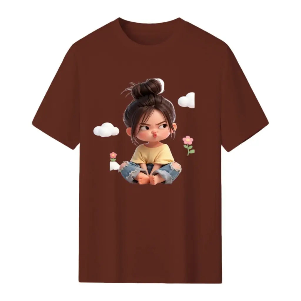 Women'S Premium Cotton Cartoon Girl & Clouds Graphic T-Shirt - Short Sleeve Crewneck, Fitted, Elastic, Comfortable, Blush Pink Aesthetic, Lady Casual Girly Tops, Valentine'S Day Colorful Cartoon Style Beach Tee Sohochic
