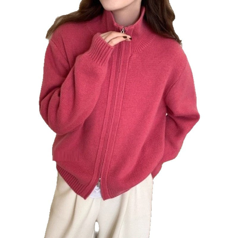 Lazy Style White High Neck Knit Cardigan for Women, Zip-Up Sweater Top, Spring and Autumn Fashion Outfit, Elegant Look