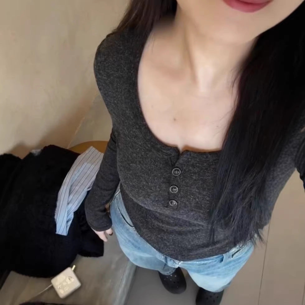 Chic Square Neck Buttoned Regular Sleeve Long Sleeve T-Shirt for Women, Gray, Fitted Inner Layer Top, Slimming Upper Wear