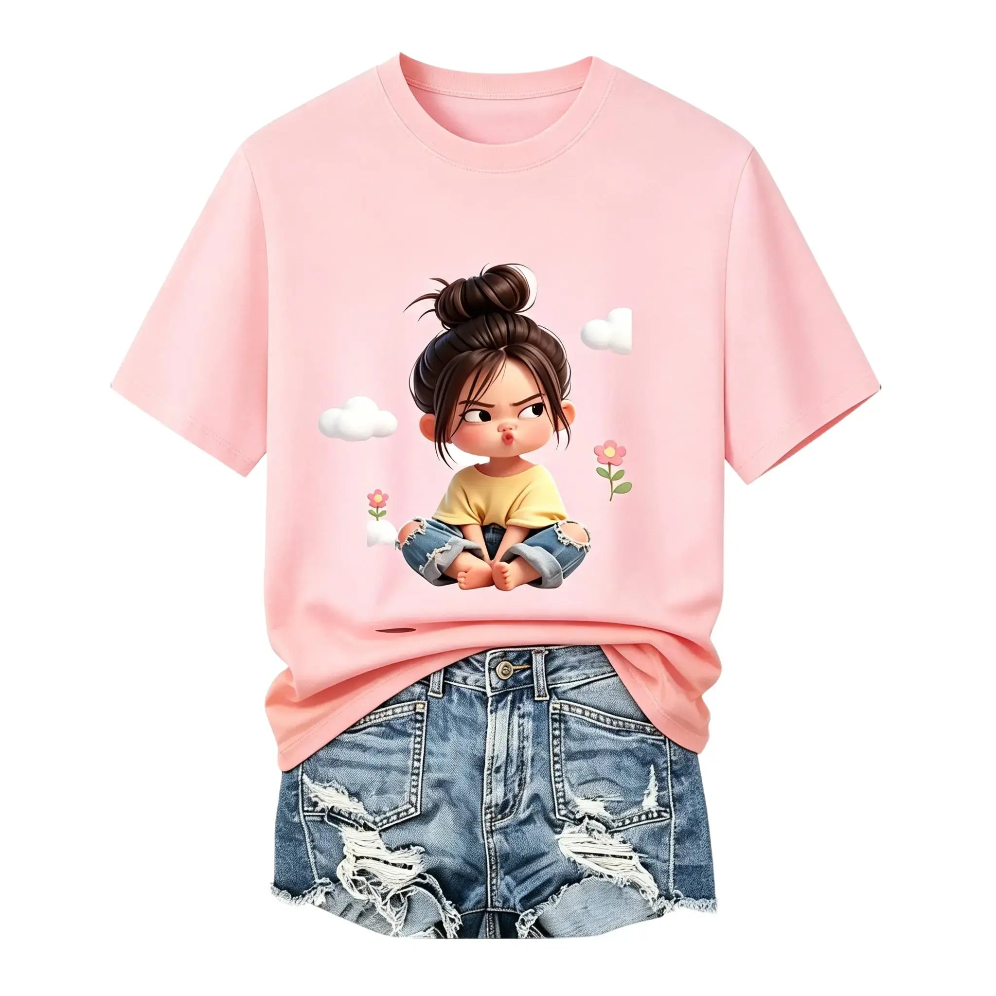 Women'S Premium Cotton Cartoon Girl & Clouds Graphic T-Shirt - Short Sleeve Crewneck, Fitted, Elastic, Comfortable, Blush Pink Aesthetic, Lady Casual Girly Tops, Valentine'S Day Colorful Cartoon Style Beach Tee Sohochic