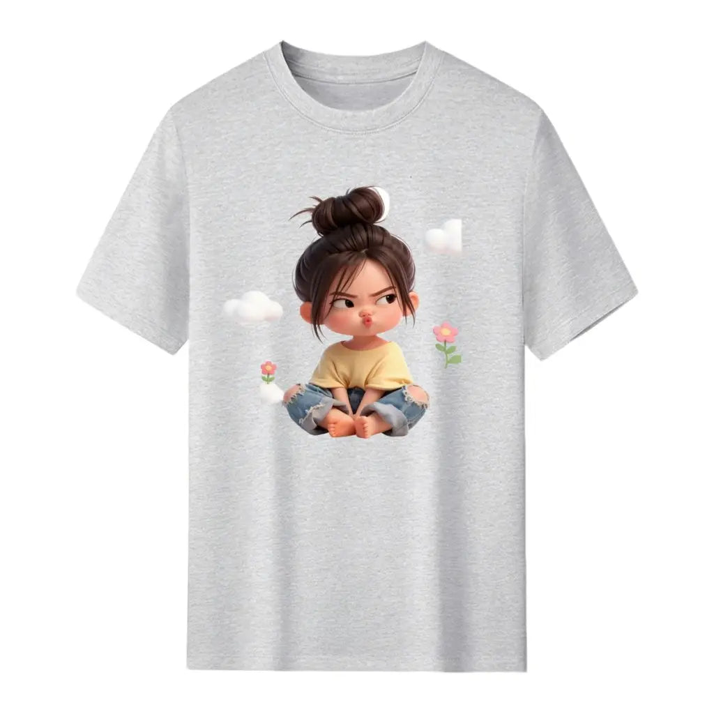 Women'S Premium Cotton Cartoon Girl & Clouds Graphic T-Shirt - Short Sleeve Crewneck, Fitted, Elastic, Comfortable, Blush Pink Aesthetic, Lady Casual Girly Tops, Valentine'S Day Colorful Cartoon Style Beach Tee Sohochic
