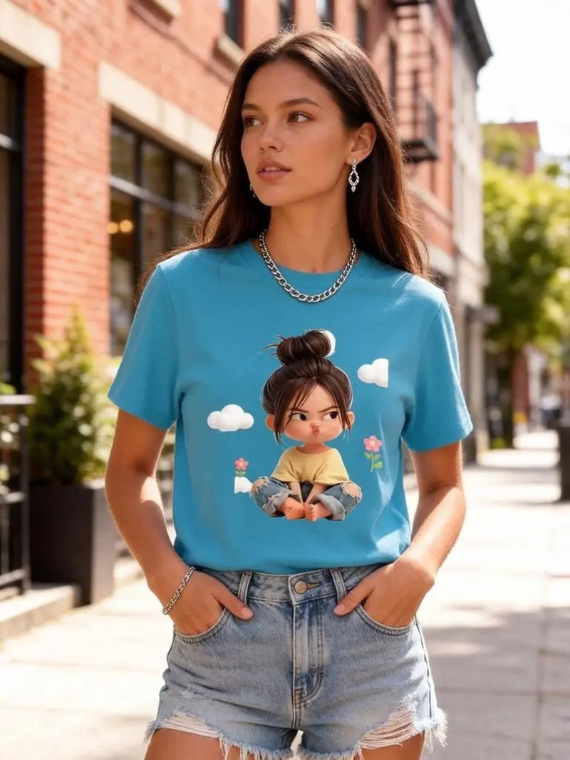 Women'S Premium Cotton Cartoon Girl & Clouds Graphic T-Shirt - Short Sleeve Crewneck, Fitted, Elastic, Comfortable, Blush Pink Aesthetic, Lady Casual Girly Tops, Valentine'S Day Colorful Cartoon Style Beach Tee Sohochic