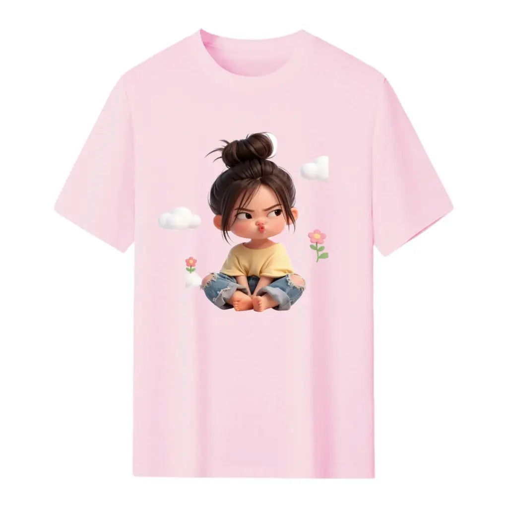 Women'S Premium Cotton Cartoon Girl & Clouds Graphic T-Shirt - Short Sleeve Crewneck, Fitted, Elastic, Comfortable, Blush Pink Aesthetic, Lady Casual Girly Tops, Valentine'S Day Colorful Cartoon Style Beach Tee Sohochic