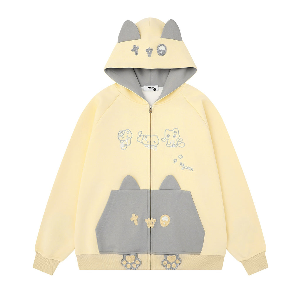 Color blocked cat face pocket hoodie