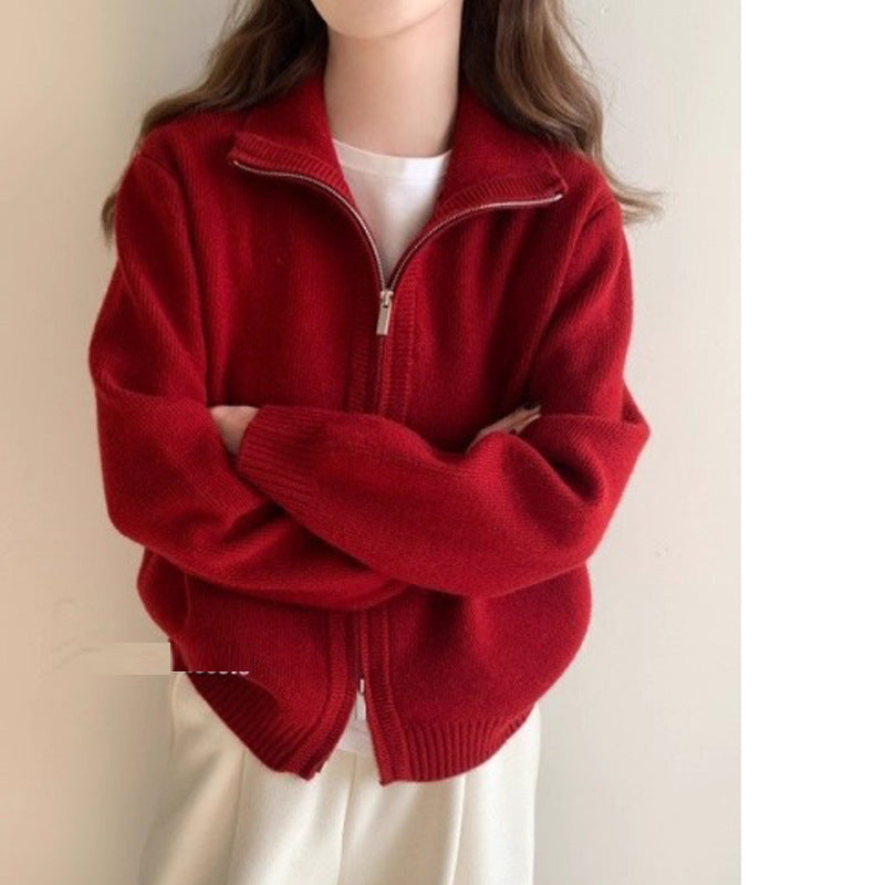 Lazy Style White High Neck Knit Cardigan for Women, Zip-Up Sweater Top, Spring and Autumn Fashion Outfit, Elegant Look