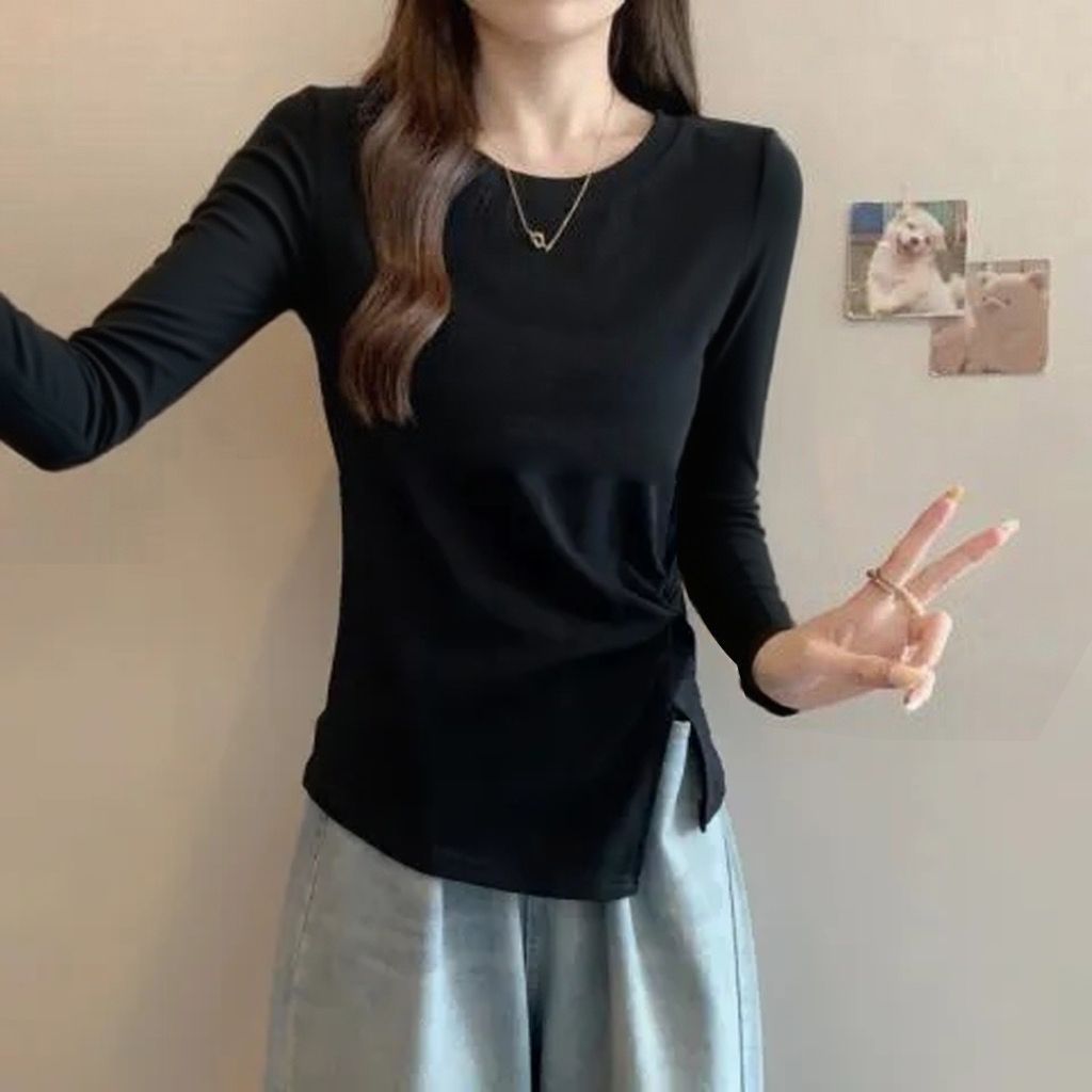 Chic Round Neck Irregular Long Sleeve T-Shirt for Women, Fitted with Pleated Design, Unique Inner Wear Top