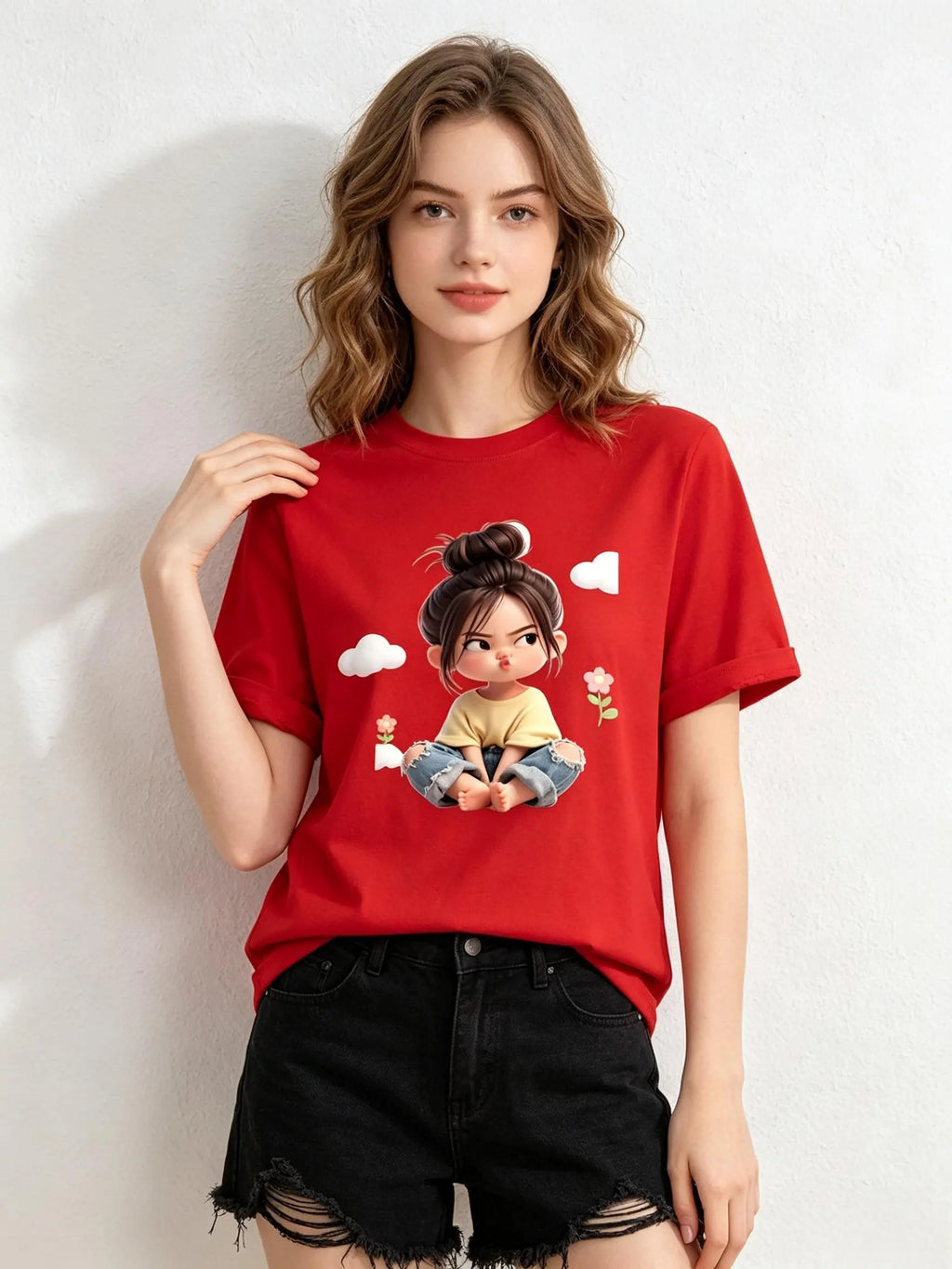 Women'S Premium Cotton Cartoon Girl & Clouds Graphic T-Shirt - Short Sleeve Crewneck, Fitted, Elastic, Comfortable, Blush Pink Aesthetic, Lady Casual Girly Tops, Valentine'S Day Colorful Cartoon Style Beach Tee Sohochic