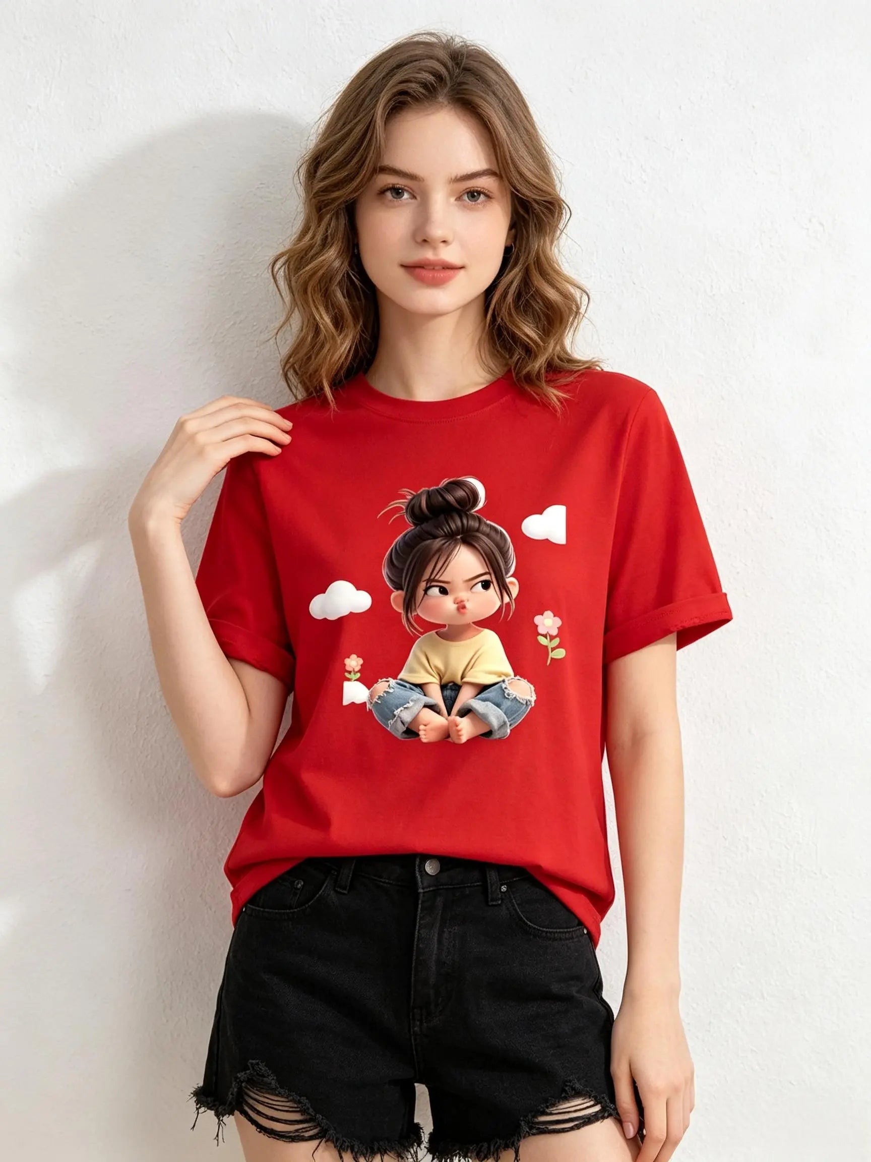 Women'S Premium Cotton Cartoon Girl & Clouds Graphic T-Shirt - Short Sleeve Crewneck, Fitted, Elastic, Comfortable, Blush Pink Aesthetic, Lady Casual Girly Tops, Valentine'S Day Colorful Cartoon Style Beach Tee Sohochic