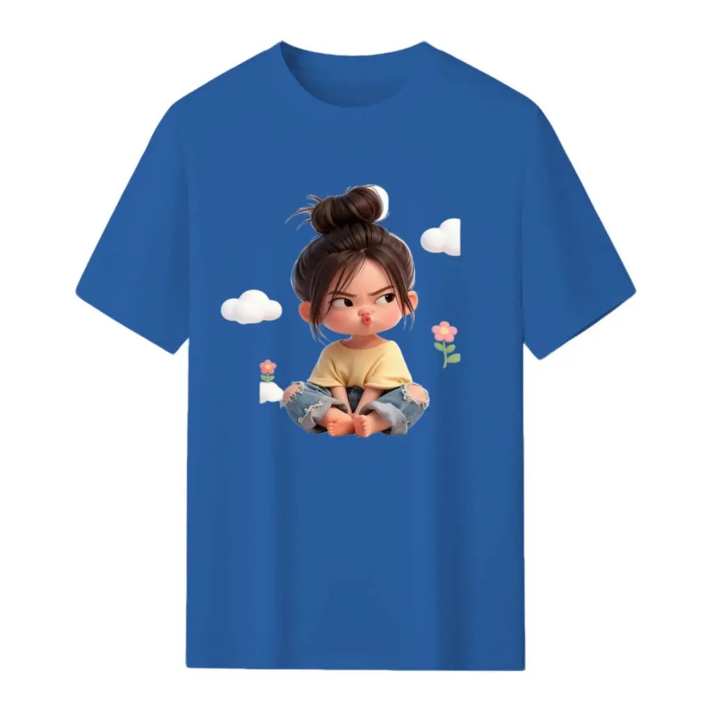 Women'S Premium Cotton Cartoon Girl & Clouds Graphic T-Shirt - Short Sleeve Crewneck, Fitted, Elastic, Comfortable, Blush Pink Aesthetic, Lady Casual Girly Tops, Valentine'S Day Colorful Cartoon Style Beach Tee Sohochic