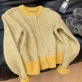 Chic Yellow Short Knit Cardigan for Women, Thick Cozy Style, Loose Fit, Petite Size, Autumn and Spring Wear