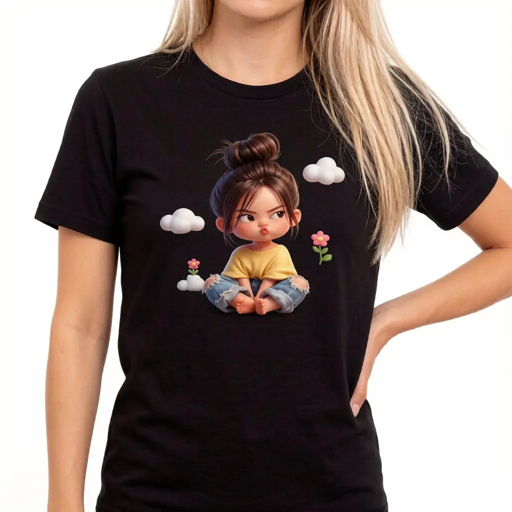 Women'S Premium Cotton Cartoon Girl & Clouds Graphic T-Shirt - Short Sleeve Crewneck, Fitted, Elastic, Comfortable, Blush Pink Aesthetic, Lady Casual Girly Tops, Valentine'S Day Colorful Cartoon Style Beach Tee Sohochic