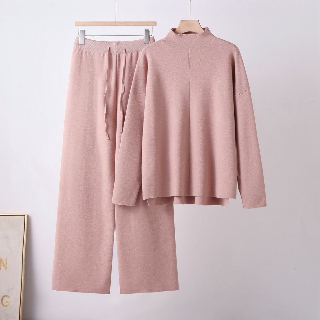 Women's Stand-up Collar Loose Long Sleeve Irregular Knit Top High Waist Slimming Straight Leg Wide Leg Pants