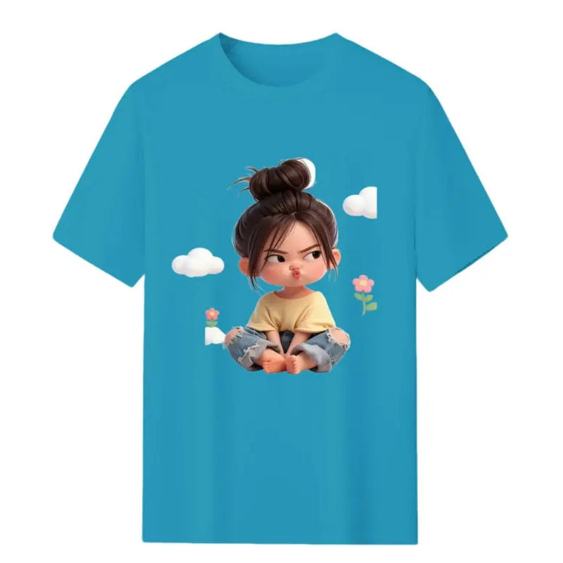 Women'S Premium Cotton Cartoon Girl & Clouds Graphic T-Shirt - Short Sleeve Crewneck, Fitted, Elastic, Comfortable, Blush Pink Aesthetic, Lady Casual Girly Tops, Valentine'S Day Colorful Cartoon Style Beach Tee Sohochic
