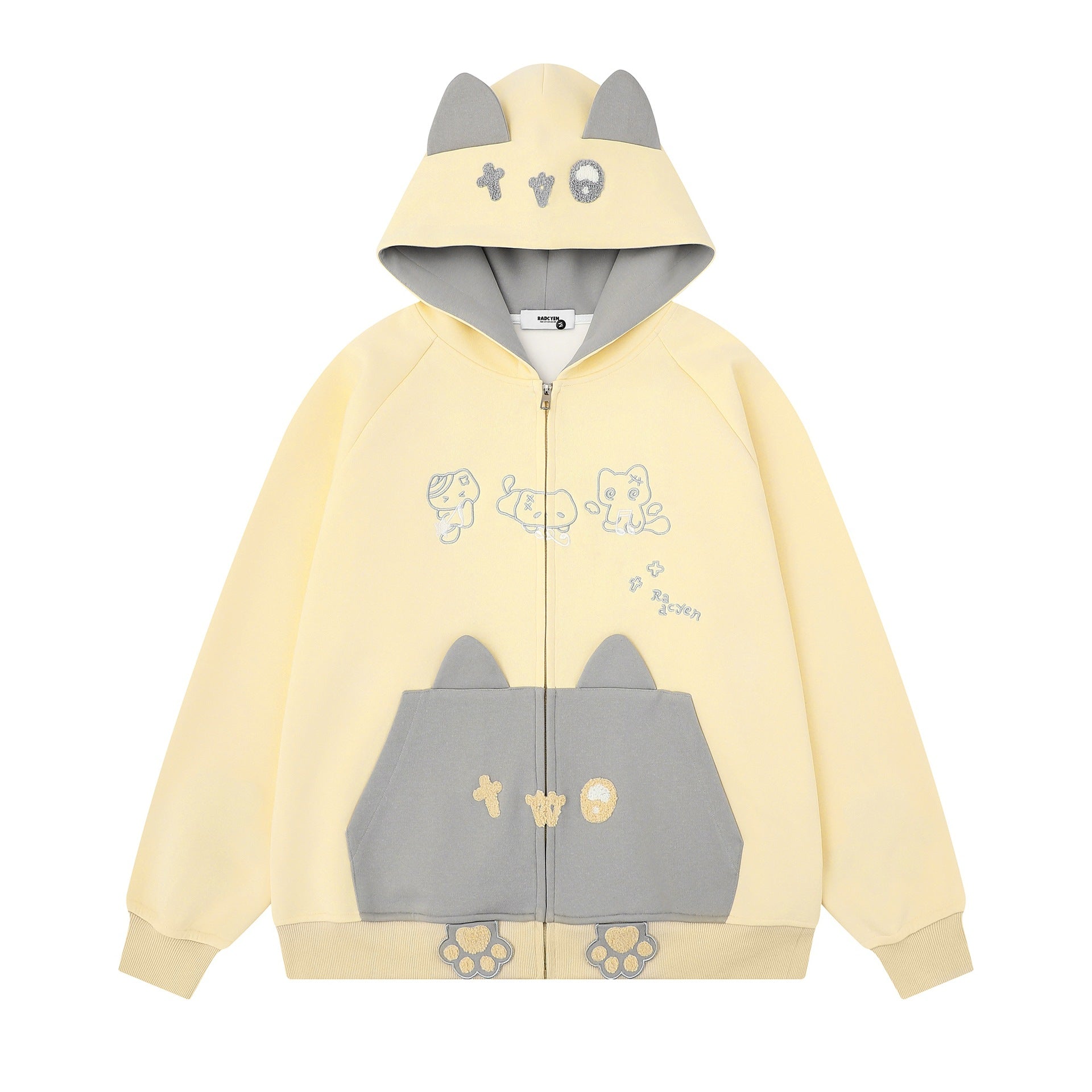 Color blocked cat face pocket hoodie
