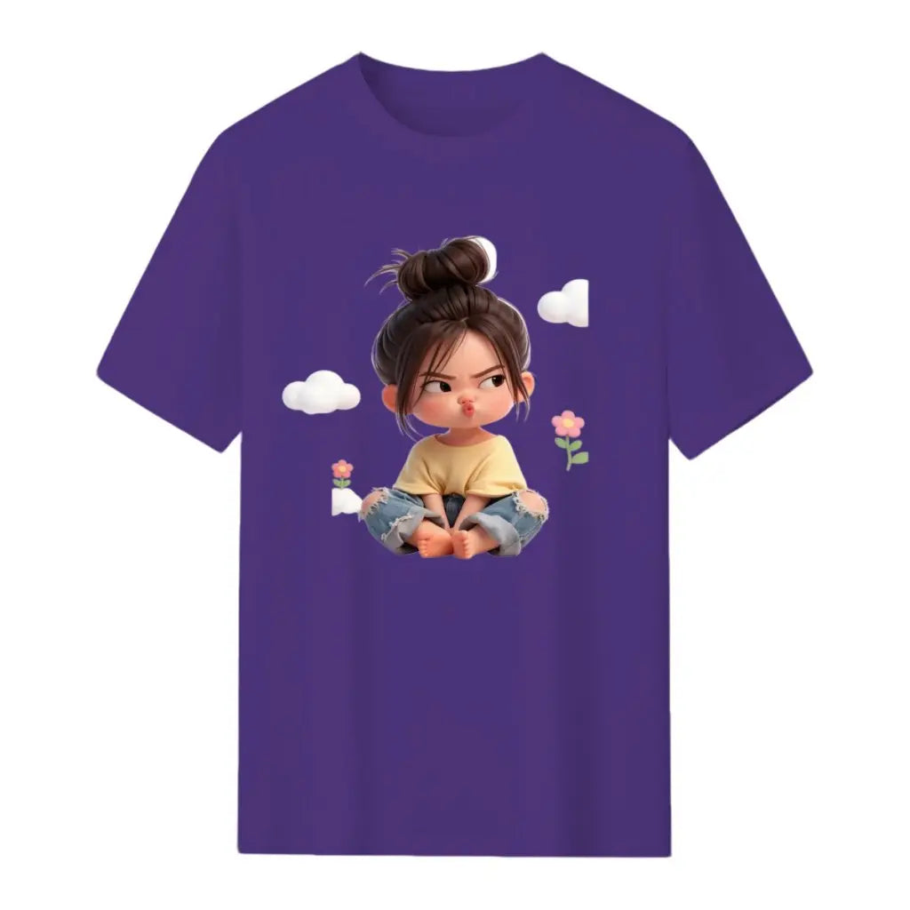 Women'S Premium Cotton Cartoon Girl & Clouds Graphic T-Shirt - Short Sleeve Crewneck, Fitted, Elastic, Comfortable, Blush Pink Aesthetic, Lady Casual Girly Tops, Valentine'S Day Colorful Cartoon Style Beach Tee Sohochic