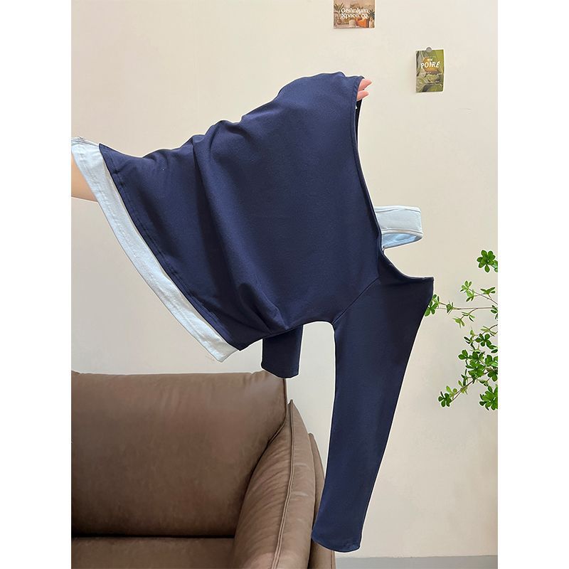 Asymmetrical Design Two-Piece Spliced Shoulder-Baring Long Sleeve T-Shirt for Women, Slim Fit Top