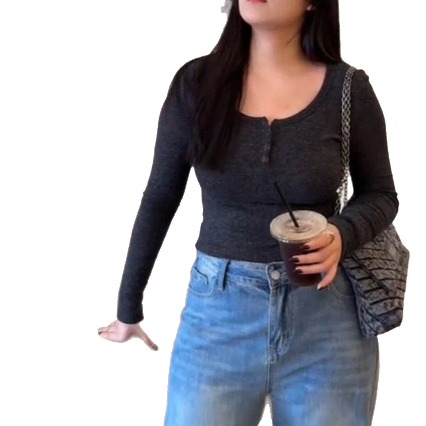 Chic Square Neck Buttoned Regular Sleeve Long Sleeve T-Shirt for Women, Gray, Fitted Inner Layer Top, Slimming Upper Wear