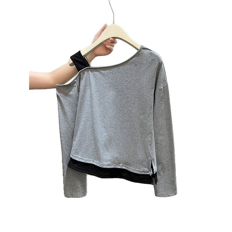 Asymmetrical Design Two-Piece Spliced Shoulder-Baring Long Sleeve T-Shirt for Women, Slim Fit Top