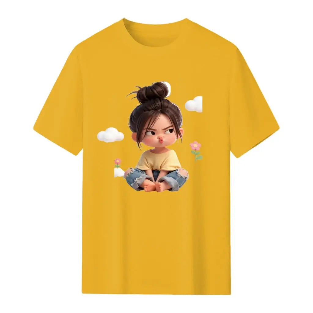 Women'S Premium Cotton Cartoon Girl & Clouds Graphic T-Shirt - Short Sleeve Crewneck, Fitted, Elastic, Comfortable, Blush Pink Aesthetic, Lady Casual Girly Tops, Valentine'S Day Colorful Cartoon Style Beach Tee Sohochic