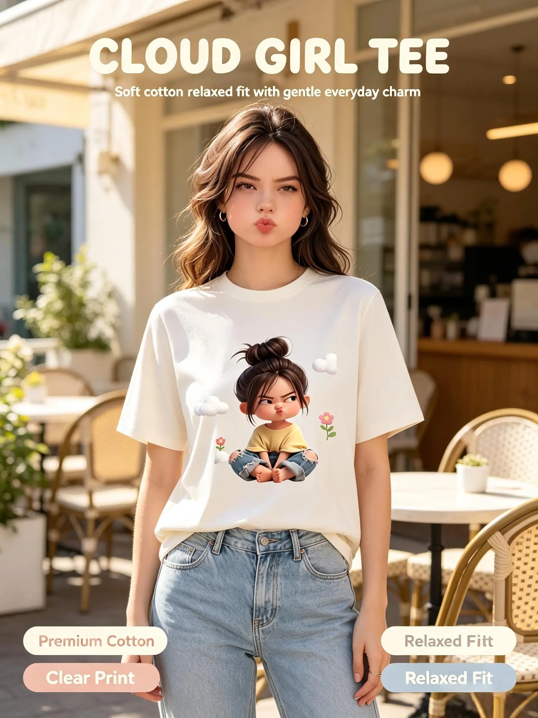 Women'S Premium Cotton Cartoon Girl & Clouds Graphic T-Shirt - Short Sleeve Crewneck, Fitted, Elastic, Comfortable, Blush Pink Aesthetic, Lady Casual Girly Tops, Valentine'S Day Colorful Cartoon Style Beach Tee Sohochic