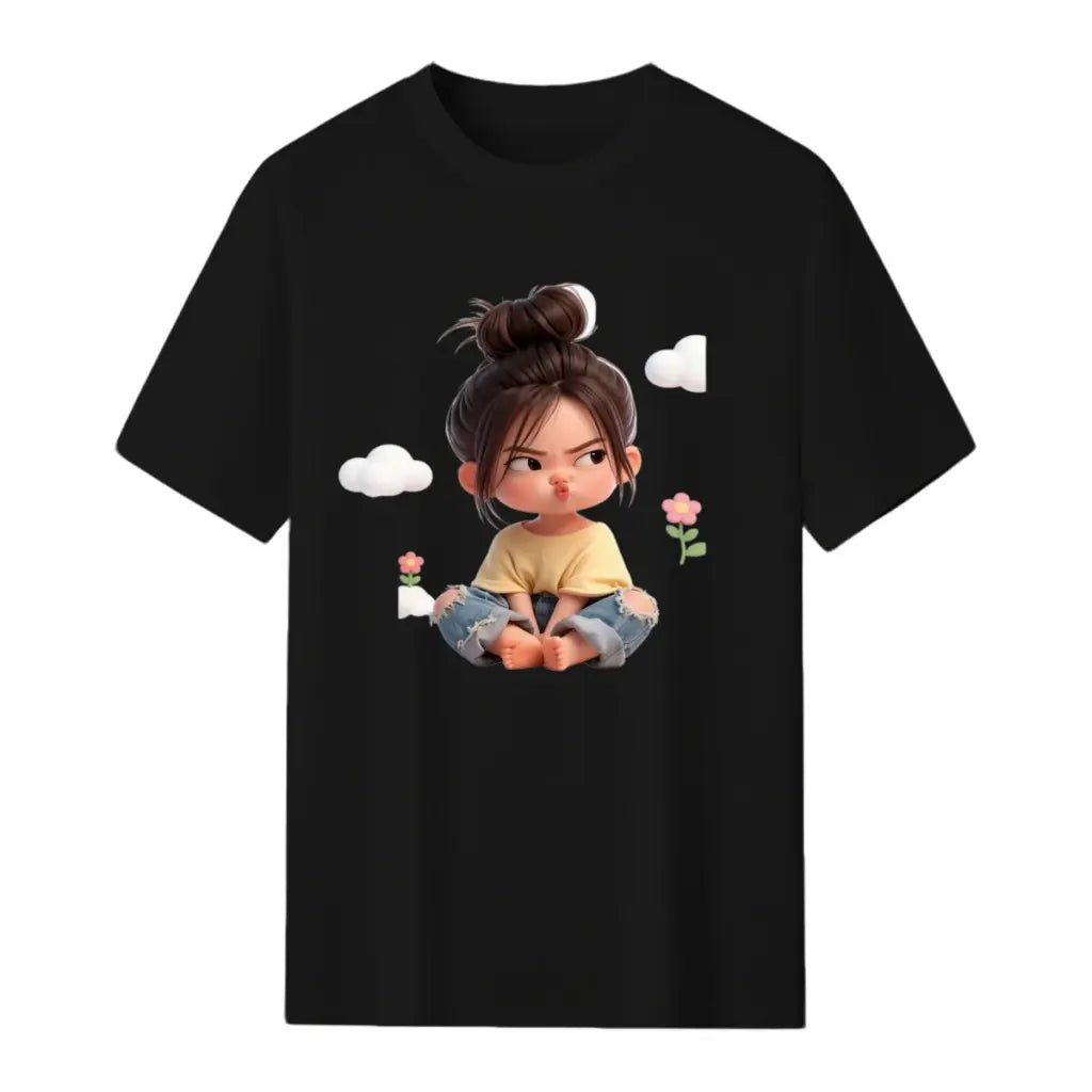 Women'S Premium Cotton Cartoon Girl & Clouds Graphic T-Shirt - Short Sleeve Crewneck, Fitted, Elastic, Comfortable, Blush Pink Aesthetic, Lady Casual Girly Tops, Valentine'S Day Colorful Cartoon Style Beach Tee Sohochic