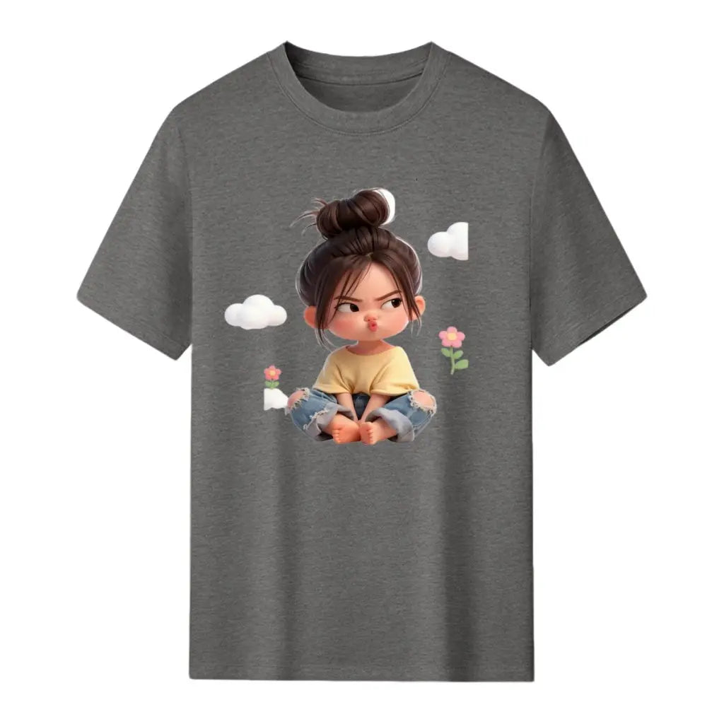Women'S Premium Cotton Cartoon Girl & Clouds Graphic T-Shirt - Short Sleeve Crewneck, Fitted, Elastic, Comfortable, Blush Pink Aesthetic, Lady Casual Girly Tops, Valentine'S Day Colorful Cartoon Style Beach Tee Sohochic