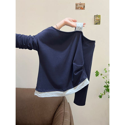 Asymmetrical Design Two-Piece Spliced Shoulder-Baring Long Sleeve T-Shirt for Women, Slim Fit Top
