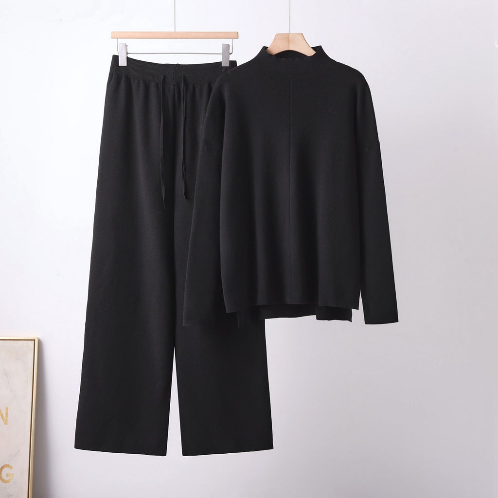 Women's Stand-up Collar Loose Long Sleeve Irregular Knit Top High Waist Slimming Straight Leg Wide Leg Pants