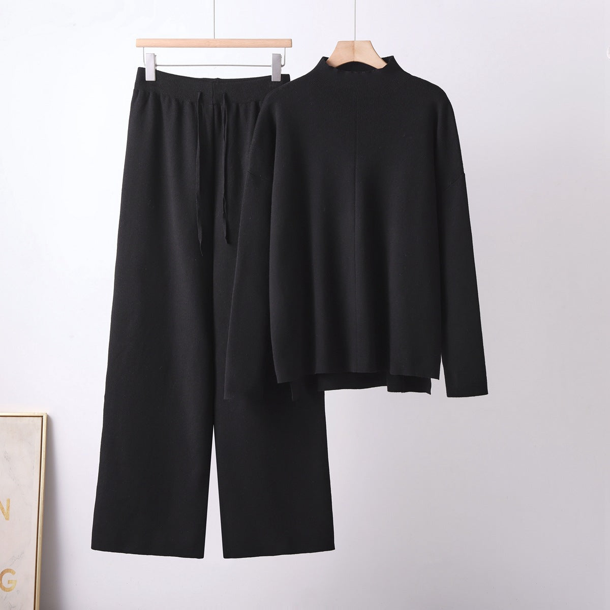 Women's Stand-up Collar Loose Long Sleeve Irregular Knit Top High Waist Slimming Straight Leg Wide Leg Pants