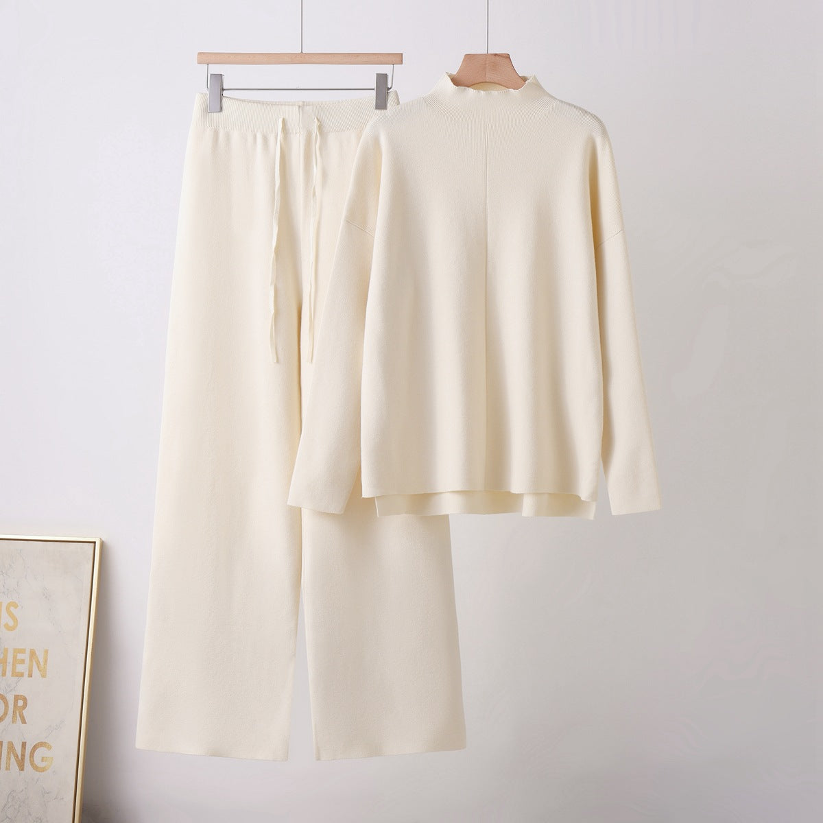 Women's Stand-up Collar Loose Long Sleeve Irregular Knit Top High Waist Slimming Straight Leg Wide Leg Pants