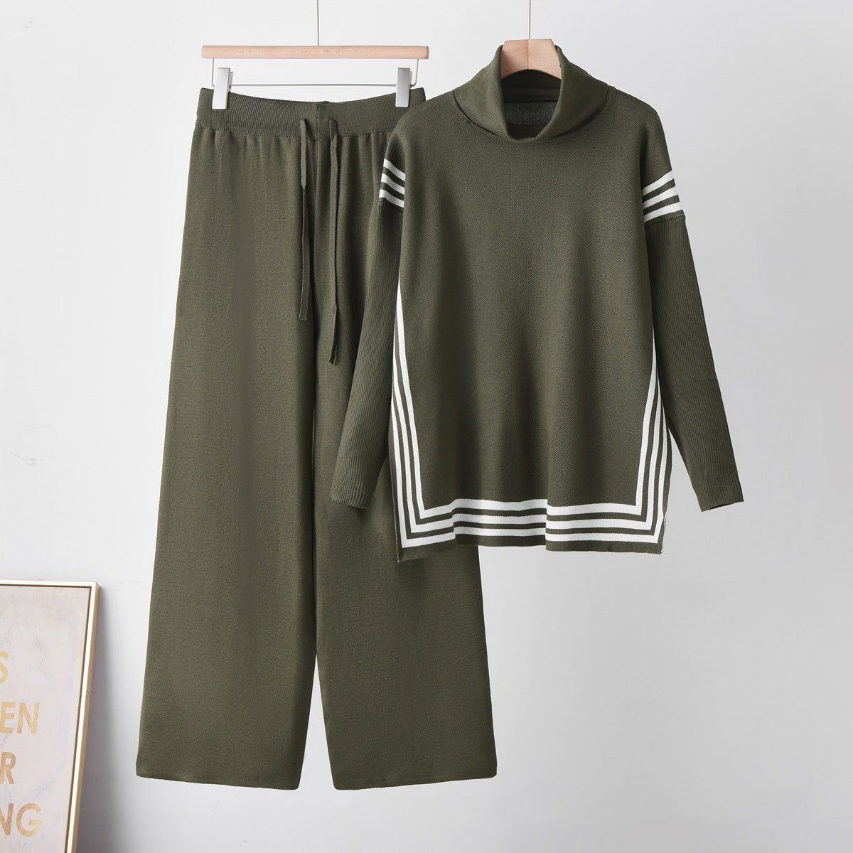 Knit High Neck Set New Stripe Split Slim Fit Elegant Knit Two-Piece Set for Women