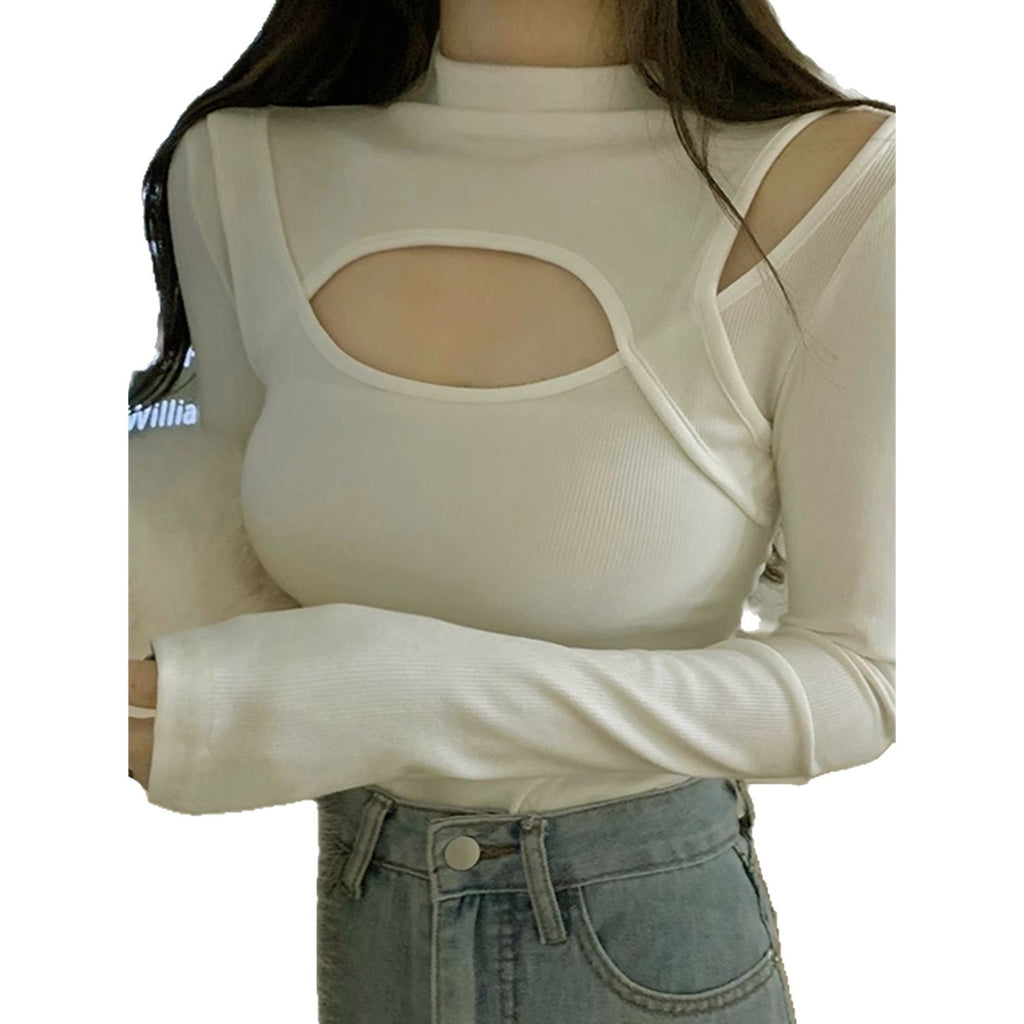 Semi-High Neck Black Base Layer Women's Ribbed Thermal Knit Top, Hollow-Out Sexy Fitted Innerwear for Spring and Autumn
