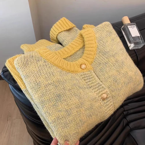 Chic Yellow Short Knit Cardigan for Women, Thick Cozy Style, Loose Fit, Petite Size, Autumn and Spring Wear