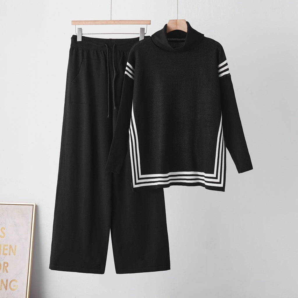 Knit High Neck Set New Stripe Split Slim Fit Elegant Knit Two-Piece Set for Women