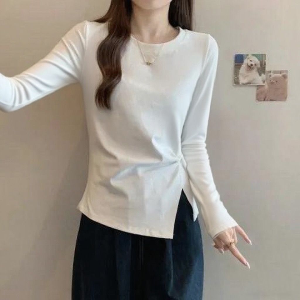 Chic Round Neck Irregular Long Sleeve T-Shirt for Women, Fitted with Pleated Design, Unique Inner Wear Top