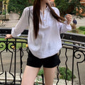 White Shirt Polo Neck Long Sleeve Blouse for Women, Casual Loose Fit, Versatile Chic Top, Spring and Autumn Wear