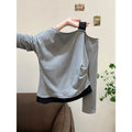Asymmetrical Design Two-Piece Spliced Shoulder-Baring Long Sleeve T-Shirt for Women, Slim Fit Top