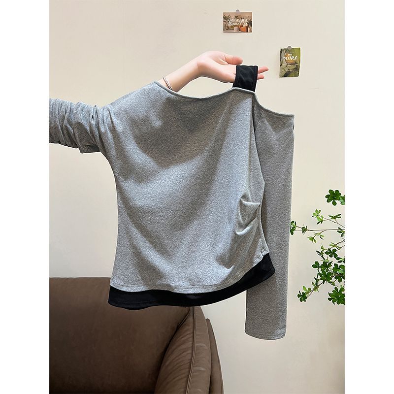 Asymmetrical Design Two-Piece Spliced Shoulder-Baring Long Sleeve T-Shirt for Women, Slim Fit Top