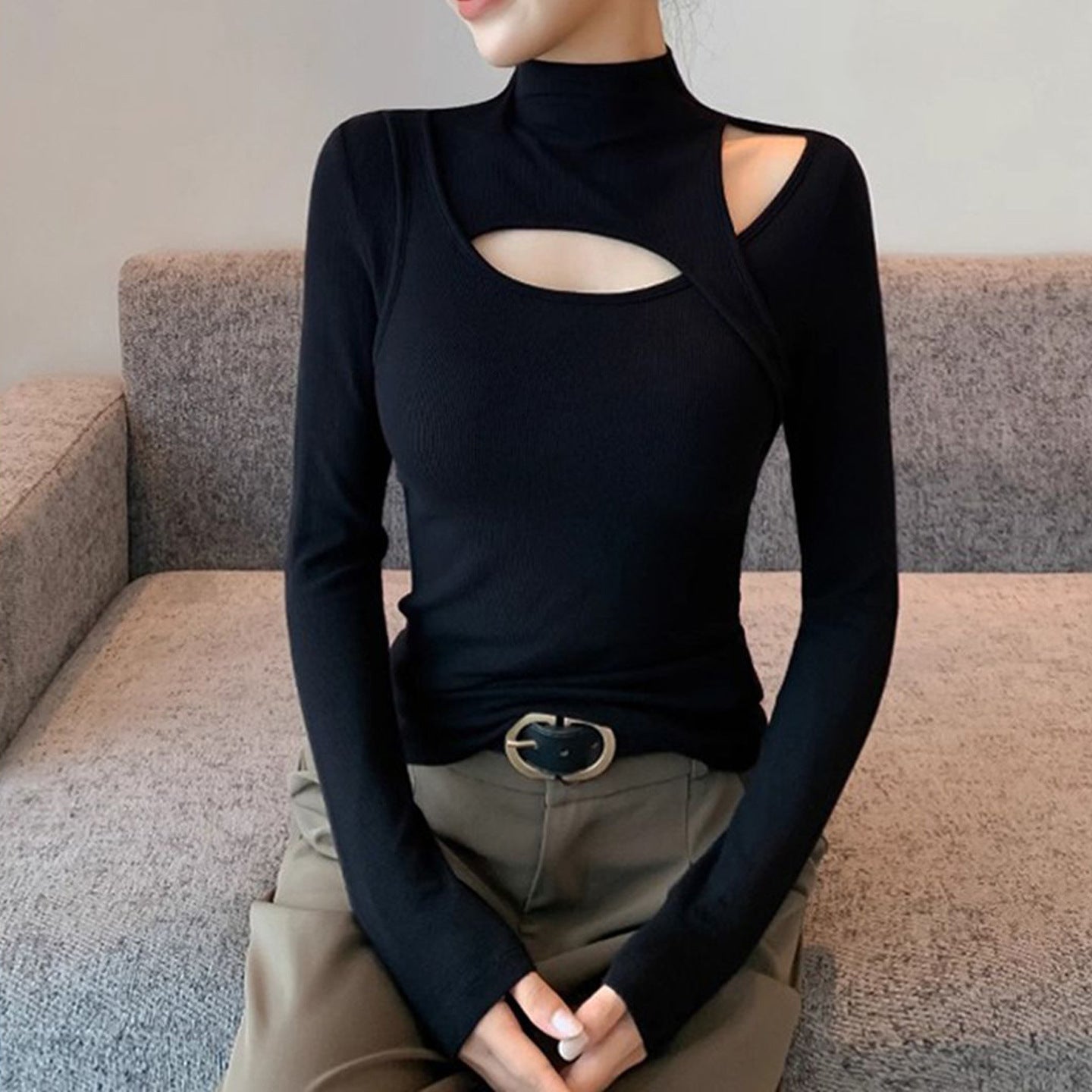 Semi-High Neck Black Base Layer Women's Ribbed Thermal Knit Top, Hollow-Out Sexy Fitted Innerwear for Spring and Autumn