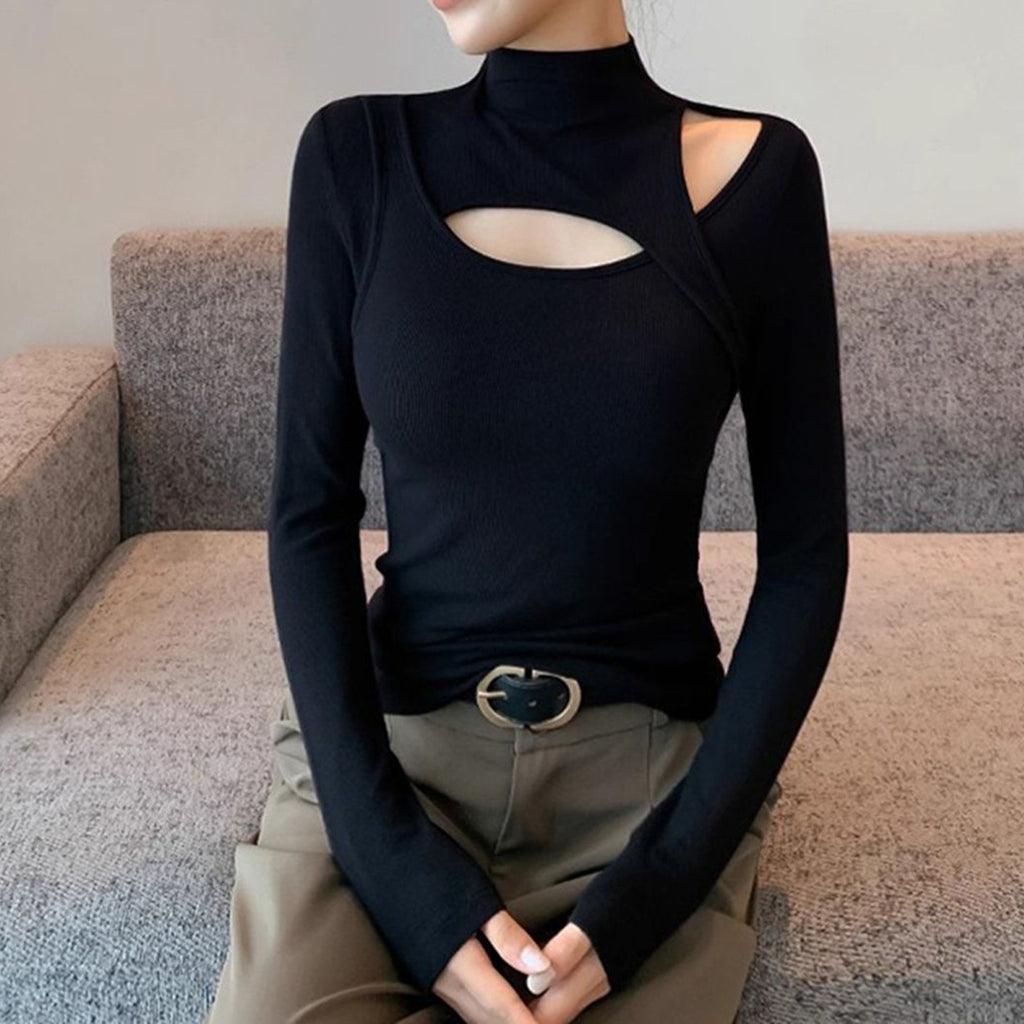 Semi-High Neck Black Base Layer Women's Ribbed Thermal Knit Top, Hollow-Out Sexy Fitted Innerwear for Spring and Autumn