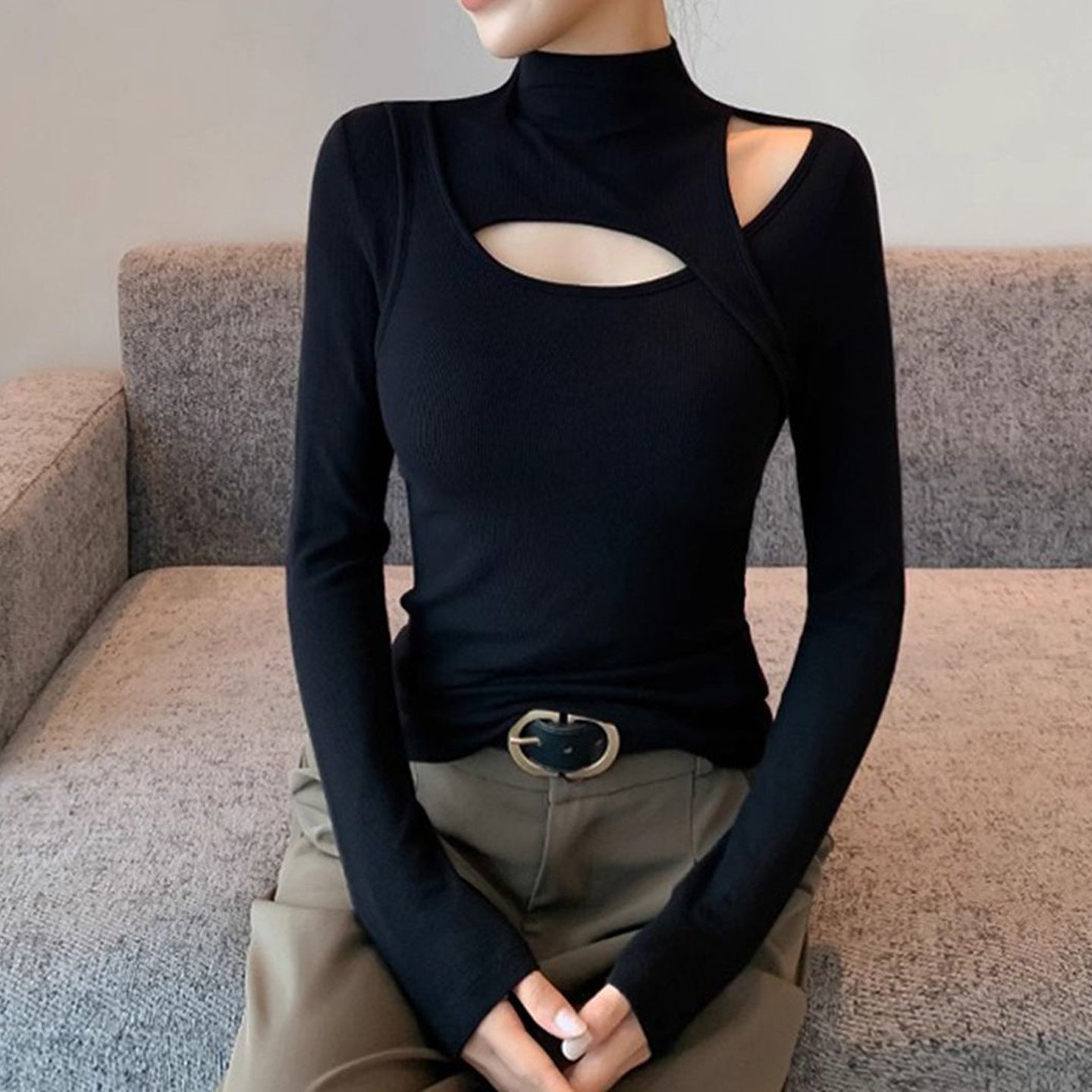 Semi-High Neck Black Base Layer Women's Ribbed Thermal Knit Top, Hollow-Out Sexy Fitted Innerwear for Spring and Autumn