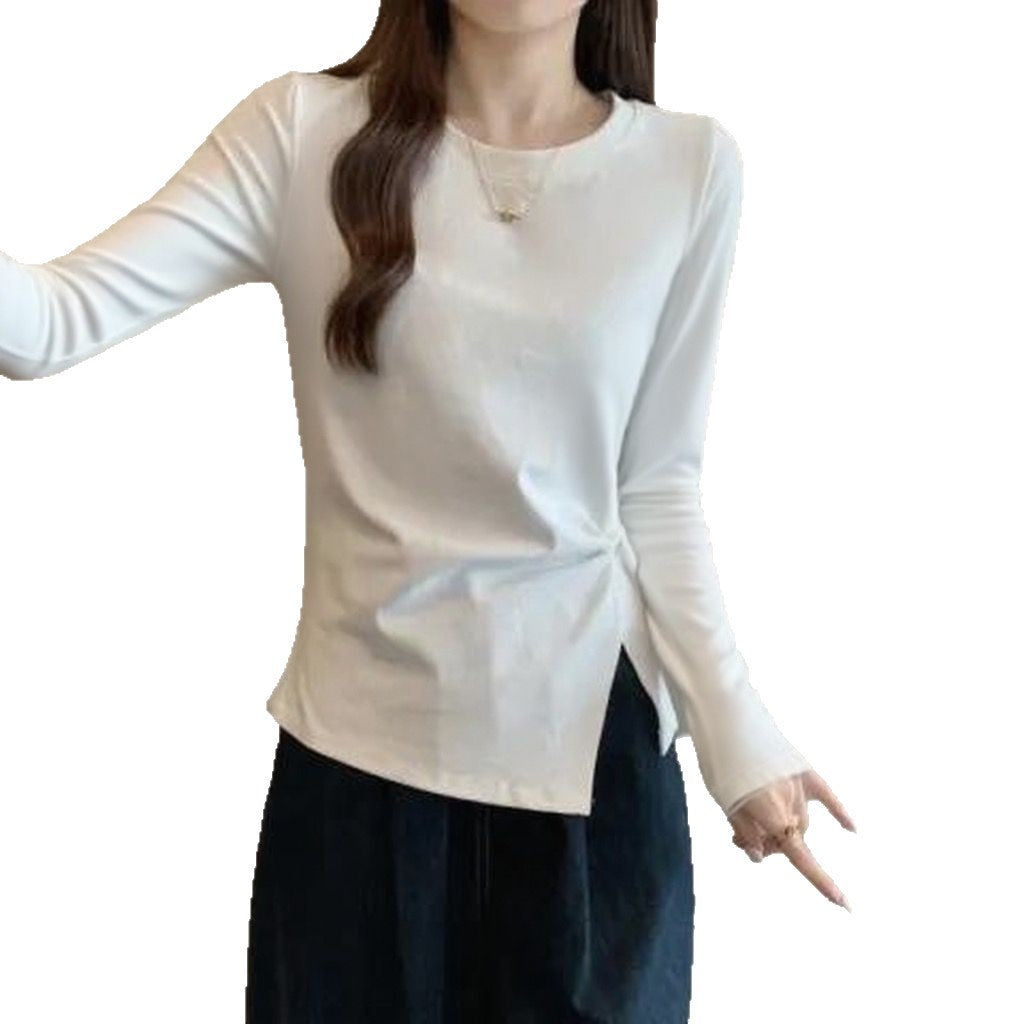 Chic Round Neck Irregular Long Sleeve T-Shirt for Women, Fitted with Pleated Design, Unique Inner Wear Top